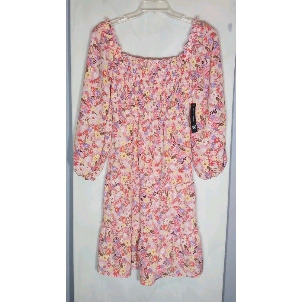 As U Wish Pink Floral Smocked Milkmaid Mini Dress Puff Sleeve Cottagecore L NWT